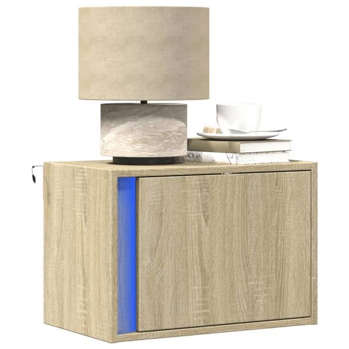 VidaXL Wall-mounted Bedside Table with LED Lights Sonoma Oak, Floating Bedside Table, Phone Holder, Table of 852093