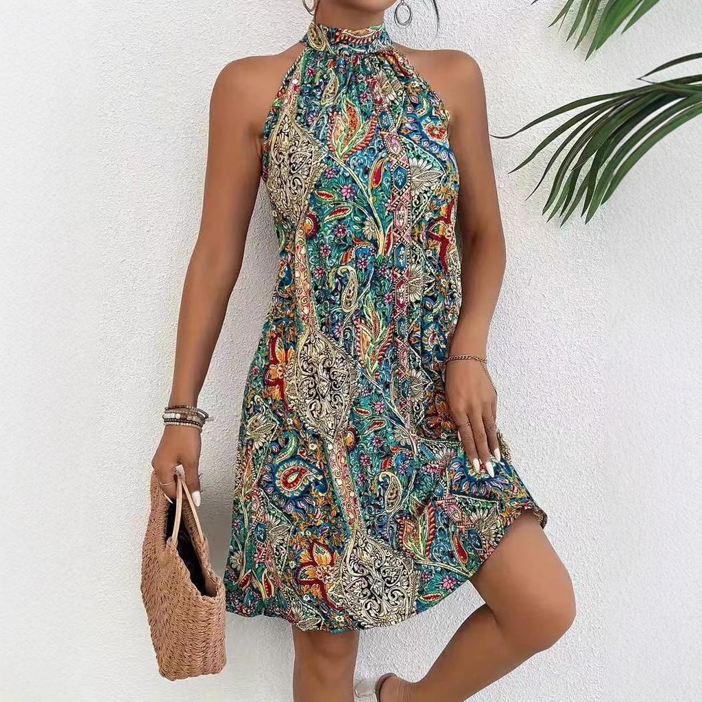 New women's bohemian style pullover sleeveless neck temperament dress beach vacation style
