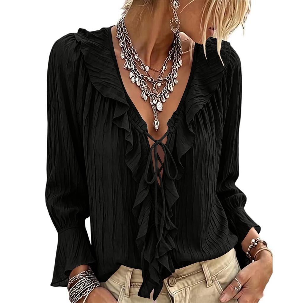 Women's Color V-Neck Ruffle Tie Long Sleeve Blouse Loose Fit Casual Top for Everyday Wear