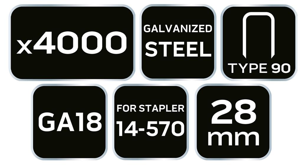 Galvanized staples for pneumatic stapler (14-570), GA18, Type 90 (4K), length 28 mm, 4000 s