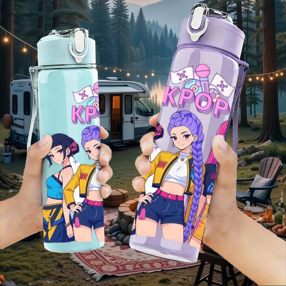 1PC Kpop Two Girl Anime Character 750ml Color Plastic Sports Water Bottle Leakproof Flip Straw Lid Suitable for Sports Office Home Use