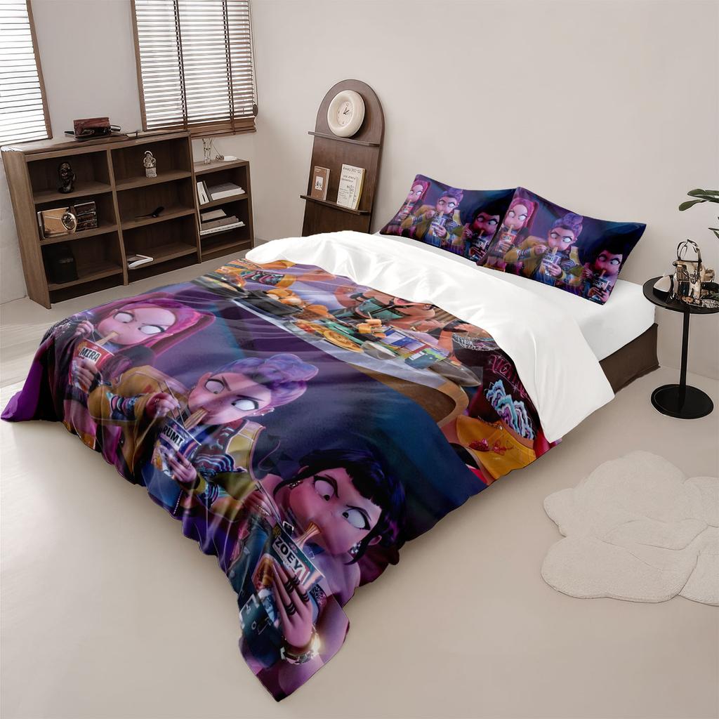 3pcs Cartoon K-Pop Demon Hunters Print Coreless Duvet Cover Set Multi Size Bedroom Dormitory Comfortable, Machine Washable