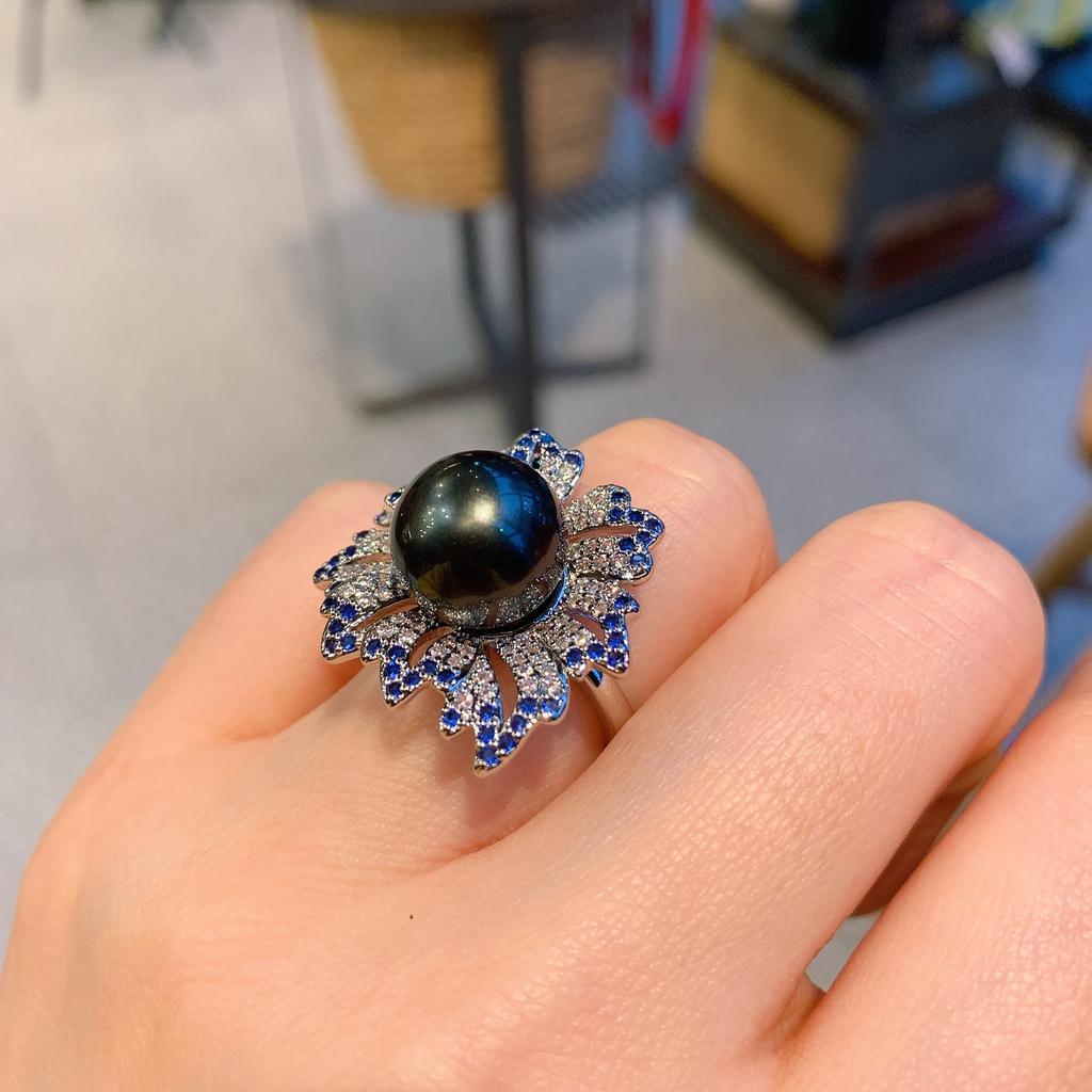 Tiktok Cross-border Australian Fritillary Pearl Micro Set Blue Ring Fashion Adjustable