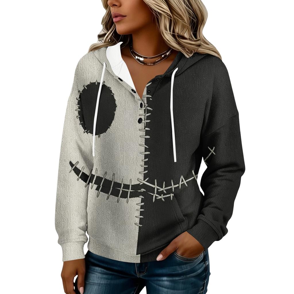 Women's Fashion Hooded Halloween Print Sweatshirt with Buttons for Festive