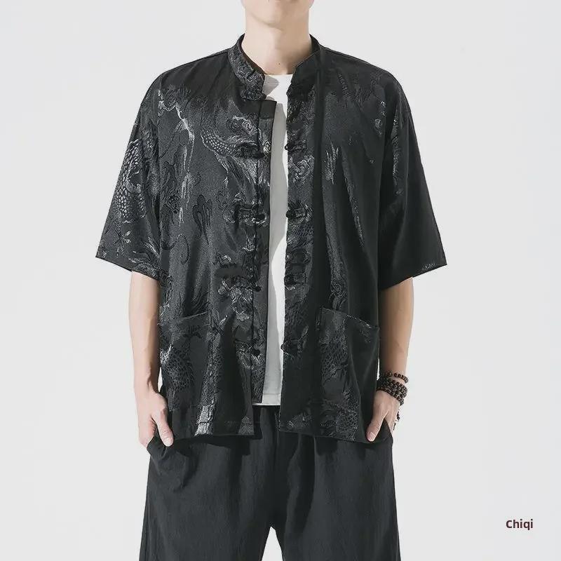 Herren-Tang-Hemd aus Eisseide mit Drachenmuster im chinesischen Stil – kurze Ärmel, lockere Passform