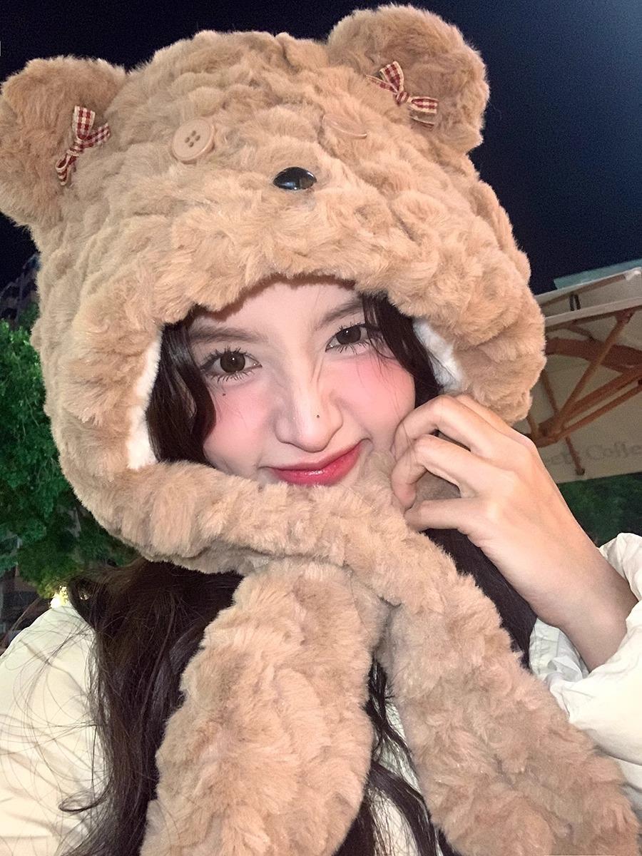 Мультяшная плюшевая шапка-шарф медведь, шапка-шарф в одном изделии, утолщенный, ветрозащитный, теплый шарф, шапка-ушанка one size