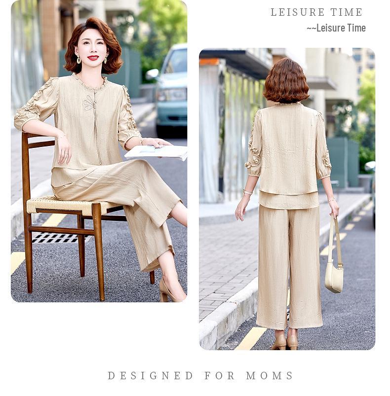 Elegante Set Estivo 2026 in Due Pezzi: Pantaloni larghi alla moda che contrastano l'età per donne di mezza età ed anziane