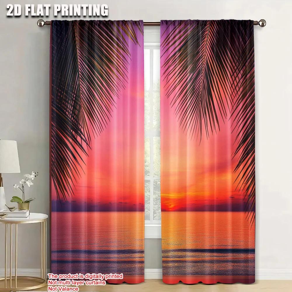 

Curtains Coconut Palm Leaves Versatile Polyester Fabric Without Electricity Birthday Party Holiday Family Curtain W100*H70(CM)-Grommet top&2PCS