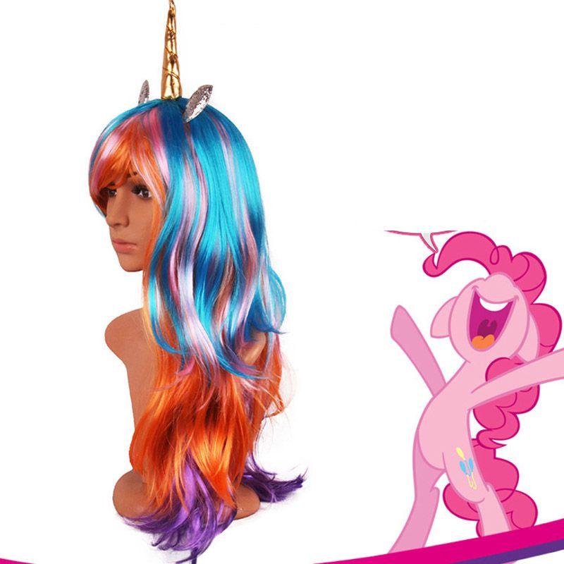 New Fashion Women Ear Unicorn Rainbow Wig Long Curly Wave Hair For Cosplay Party