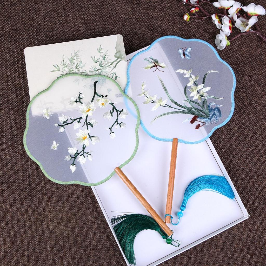 Chinese Embroidered Eight-Petal Round Dance Fan with Tassel - Perfect for Hanfu and Qipao Costumes