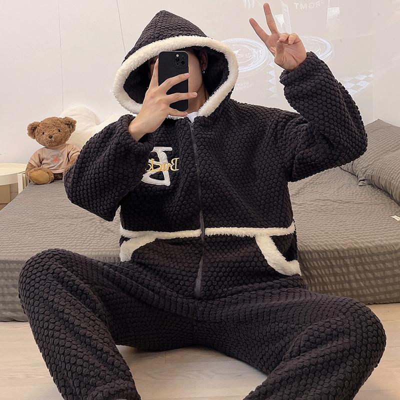 Nová pánská podzimní zimní zahuštěná sada pyžama z korálového rouna, plyšový domácí oblek s kapucí na zip, s dlouhým rukávem, flanelová 2dílná sada, pyžamo, teplé noční prádlo