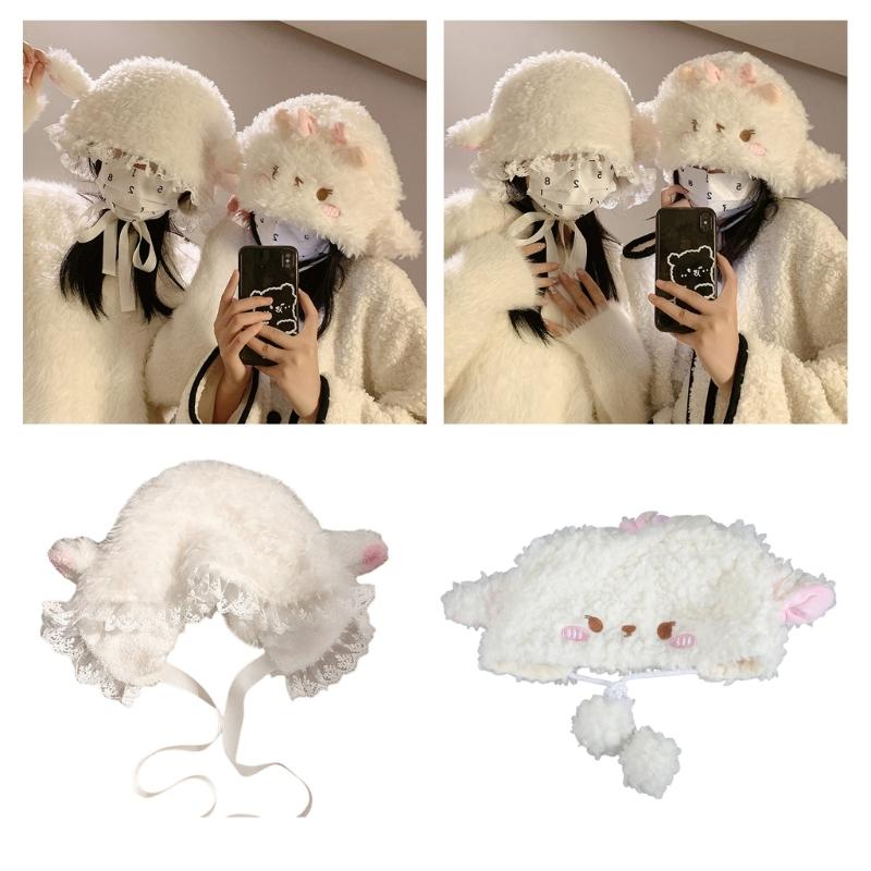 Lovely Plush Cartoon Sheep Hat with Warm Earflap Winter Activity Hat Lace Trim Pullover Hat Ear Protective Trapper Hat