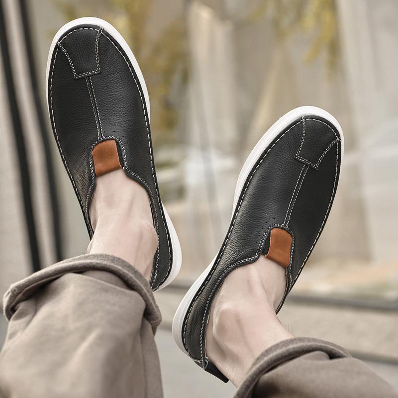 

Men s shoes 2025 summer new men s daily light casual lazy shoes one pedal strap-free driving leather shoes tide 44 чёрный