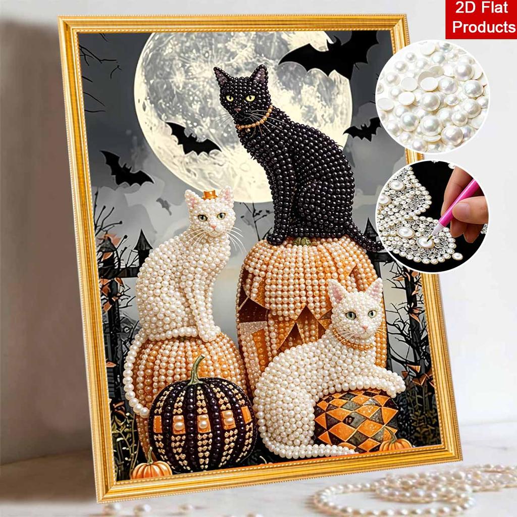 Halloween Pearl Painting Art Full Pearl Black White Cats Pumpkin Handmade Diy Home Decorations