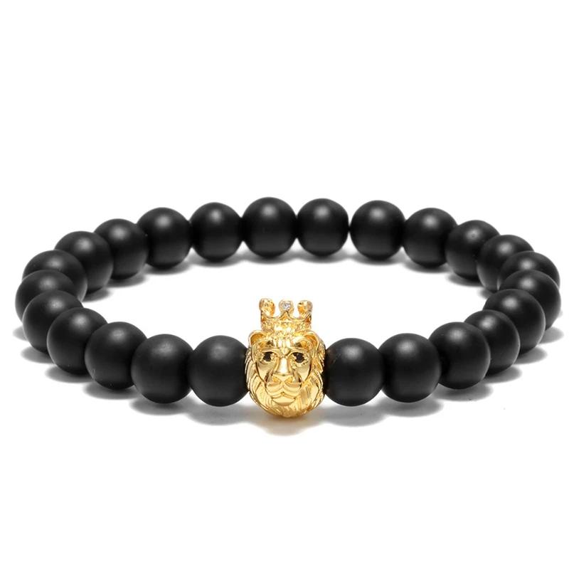 New Pirate Skull Bracelet Men 8mm Black Onyx Beaded Braslet Gothic Wolf Animal Braclet Male Accessories Gift For Boyfriend Joias