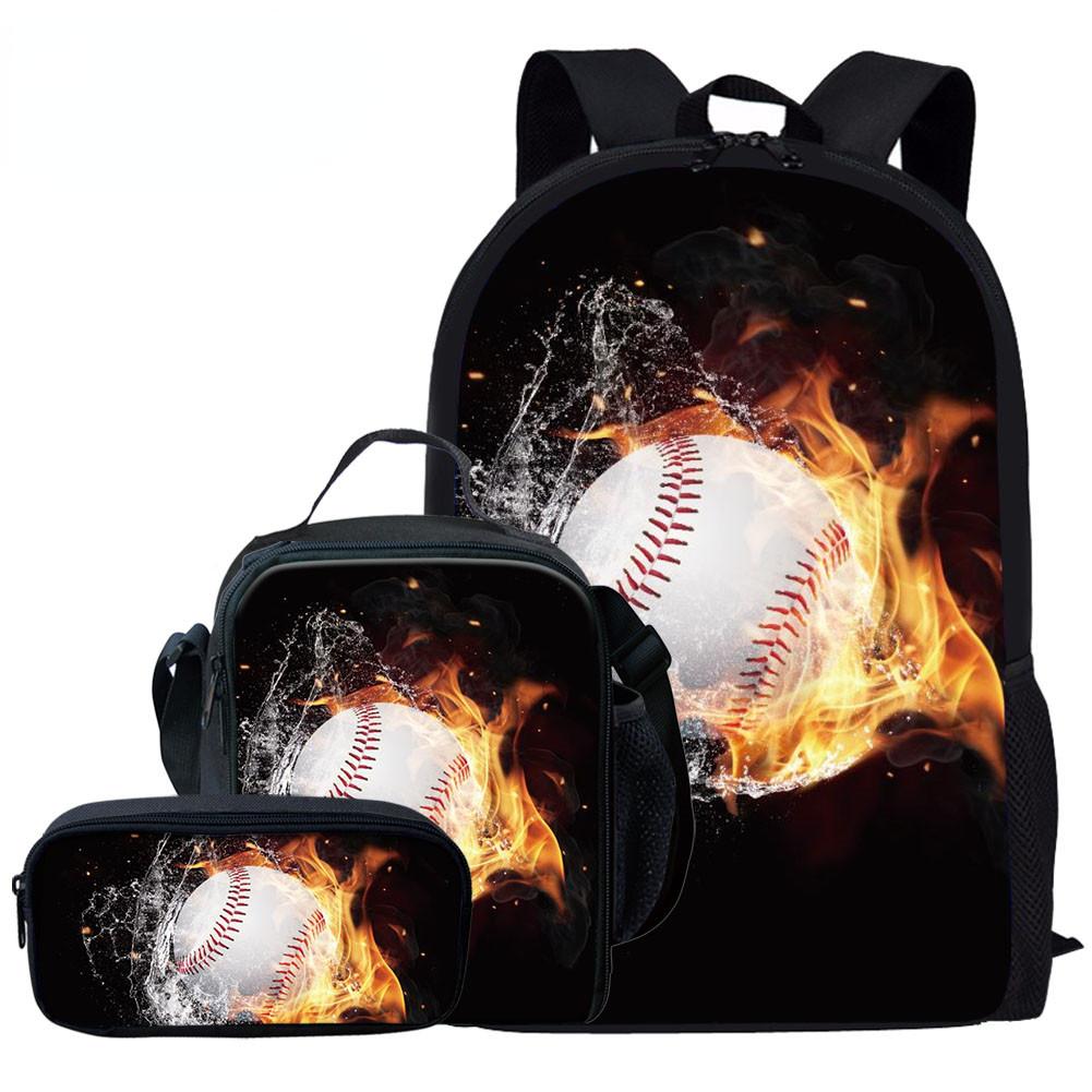 Fashion Novelty Flame Basketball Football 3D Print 3pcs/Set Pupil School Bags Laptop Daypack Backpack Lunch Bag Pencil Case