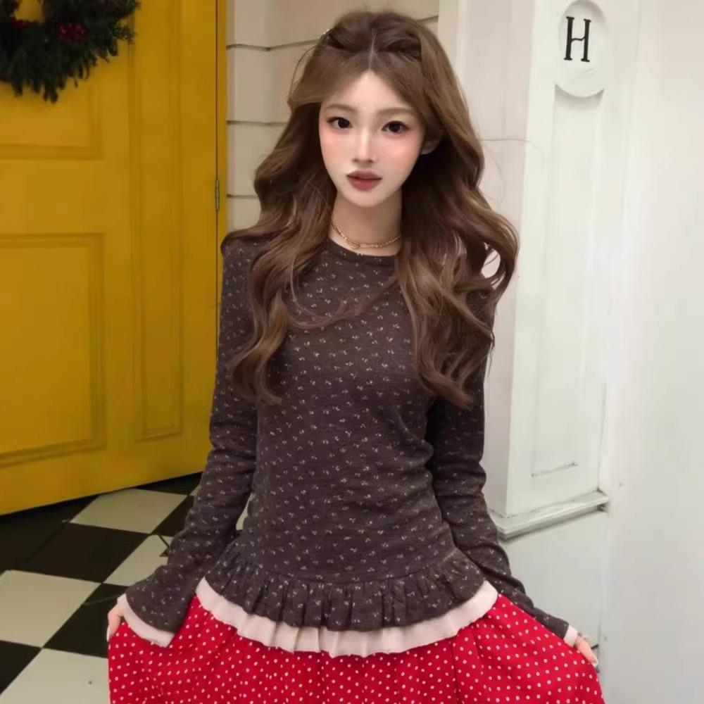 

Women’s Brown Lace Floral Brushed Long-Sleeve Bell Top for Autumn/Winter, Regular Shoulder, Inner Wear Base Layer XL