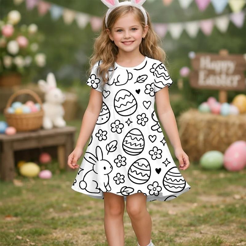Easter Girls  3D Graphic Rabbit Dress Short Sleeve 3D Print Summer Spring 110