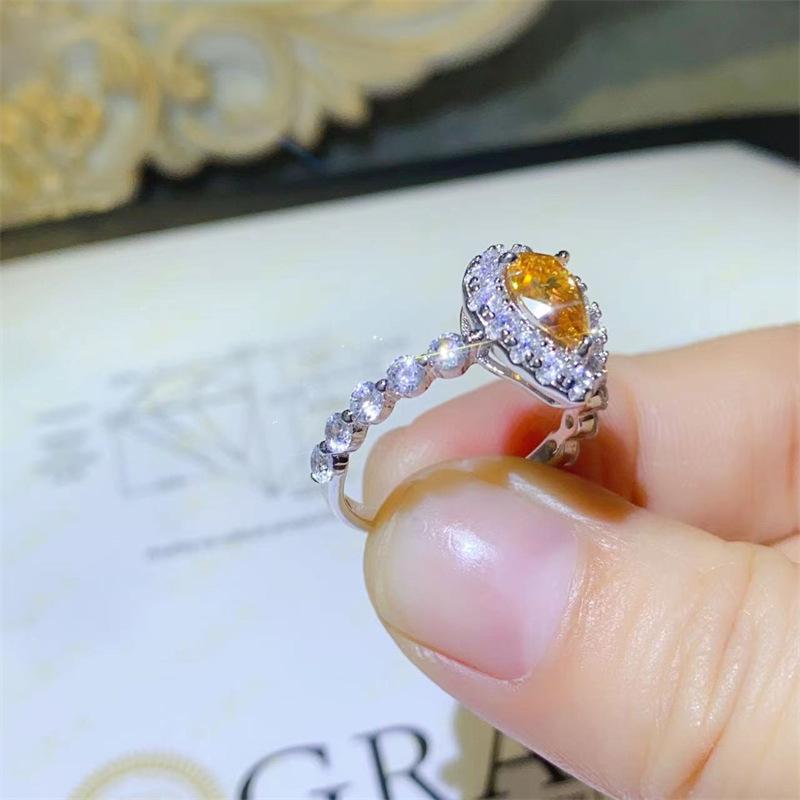 Yellow Moissanite Water Drop Pear-Shaped Women's Ring, 1 Carat VVS Diamond, Micro-Pave Fashion Engagement Proposal Gift.