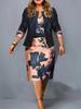 Plus size outono moda impressão conjunto de duas peças feminino manga longa terno casaco envolto hip lápis vestido elegante conjunto de duas peças