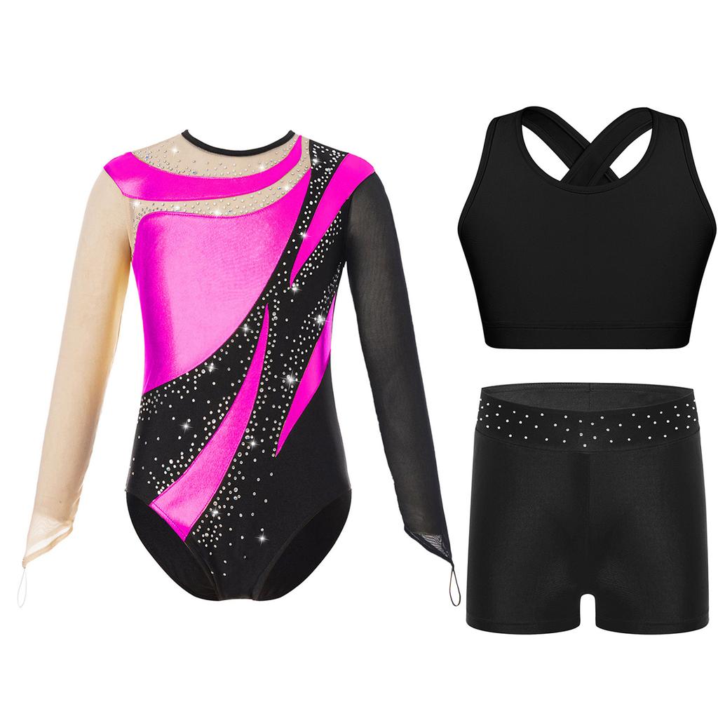 Gymnastics Leotard for Girls Kids with Shorts Long Sleeve Tumbling Ballet Dance Unitard with Active Vest