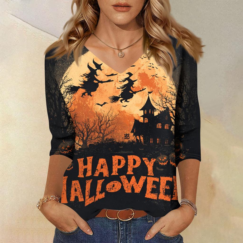 Women V Neck Casual Top Halloween Print 3/4 Sleeve Lightweight Blouse for Everyday Wear Comfortable Fit