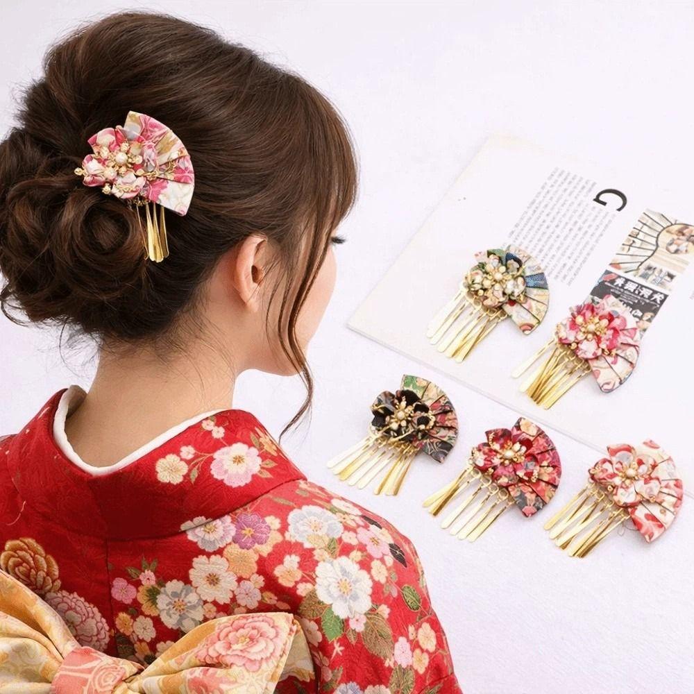 Elegant Kimono Hair Clip Traditional Sakura Flower Fan Shape Hairpin Cloth Metal Tassel Faux Pearl Decor Hair Clip