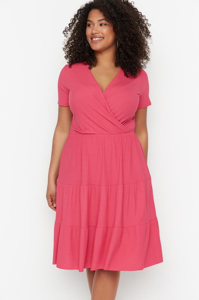 Damenmode Neues Plus-Big-Size-Kleid Grünes Strickkleid mit V-Ausschnitt und Blumenmuster