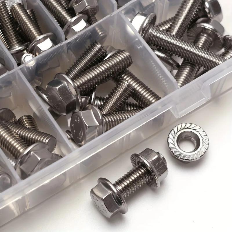 144-Piece 304 Stainless Steel Hex Flange Bolt and Nut Set, M4/M5, Length: 10mm, 12mm, 16mm, 20mm, 25mm