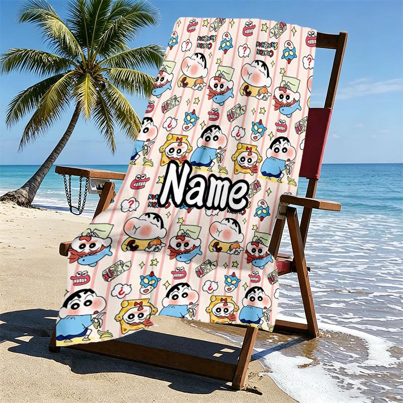 Custom Name Personalized Crayon Shin Print Beach Towel, for Trip Camping Beach Party Home Decor, Birthday Gift for Family & Friends