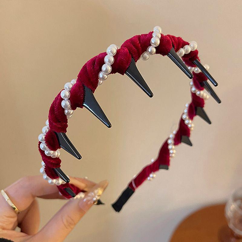 For Women Girls Fashion Sweet Anti-Slip Toothed Hairband Hair Accessories Vintage Velvet Pearl Wave Top Hairband