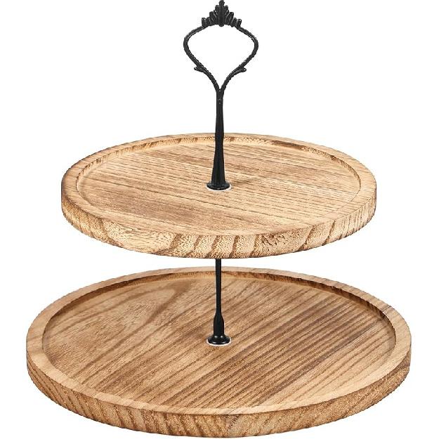 Wooden 2 Tiered Tray, Round Farmhouse Kitchen Table Decor, Wooden Tiered Tray Stand, Dessert Stand Kitchen Island Decor, Wooden Serving Tray for