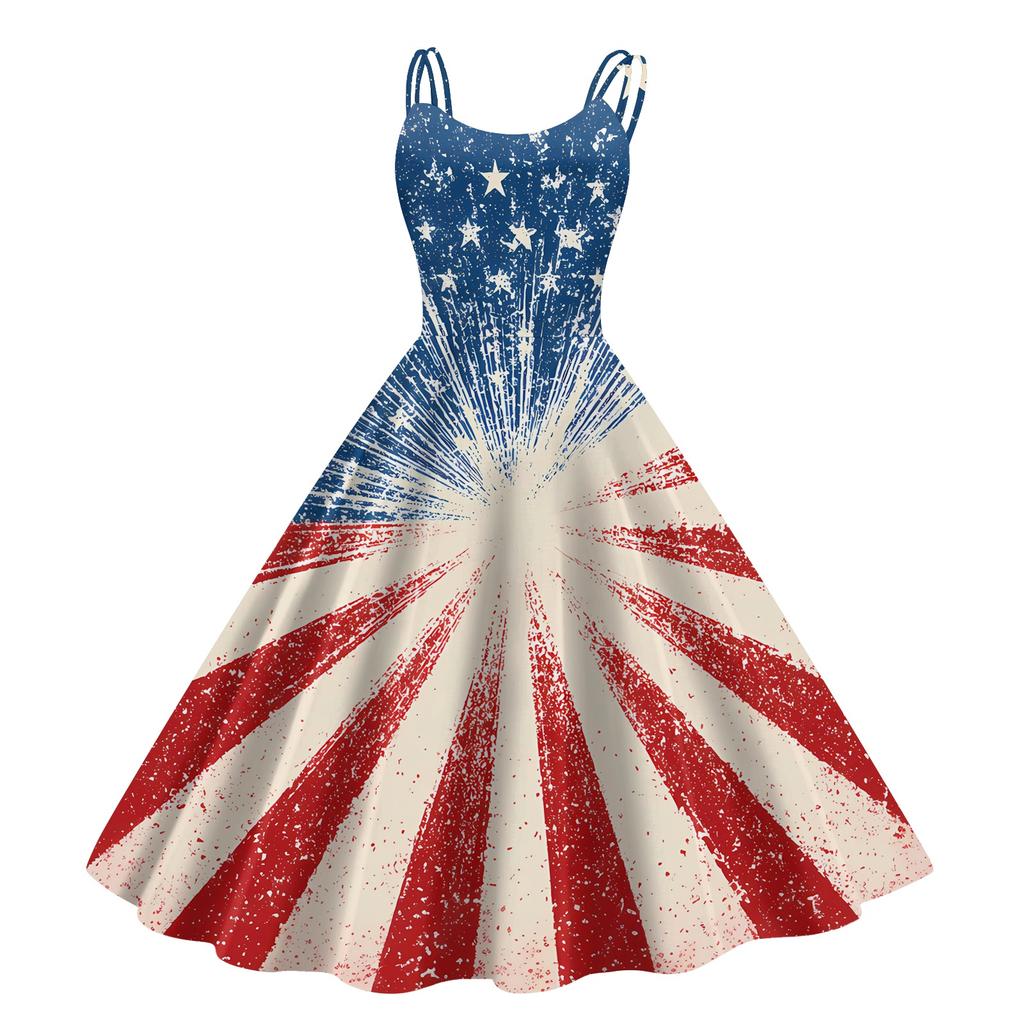 Sleeveless Casual A Line Midi Dress with Star and Stripe Print Scoop Neck Lightweight Summer Sundress for Women