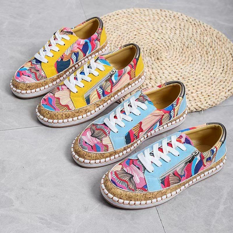 New Large Size Color Matching Casual Round Head Women's Single Shoes Lace-up Printing Platform-soled Sports Single Shoes Women