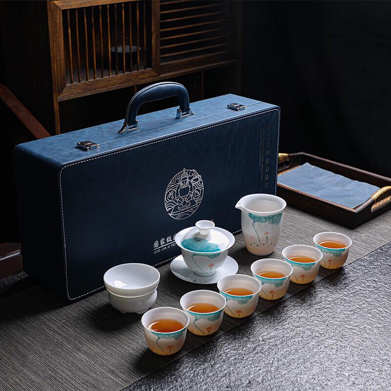 Tuopai Hand-Painted Suet Jade Porcelain Tea Set