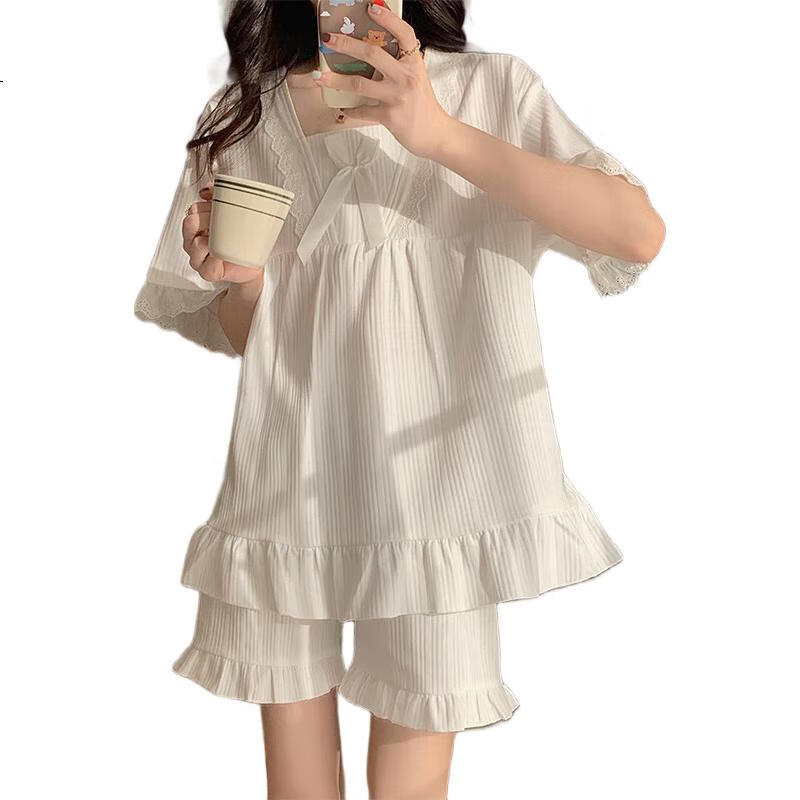 LangSha Women's Pajamas with Chest Pads, Summer Princess Style, Wearable Outside, Sweet And Elegant, Lightweight Short-Sleeve Shorts Loungewear