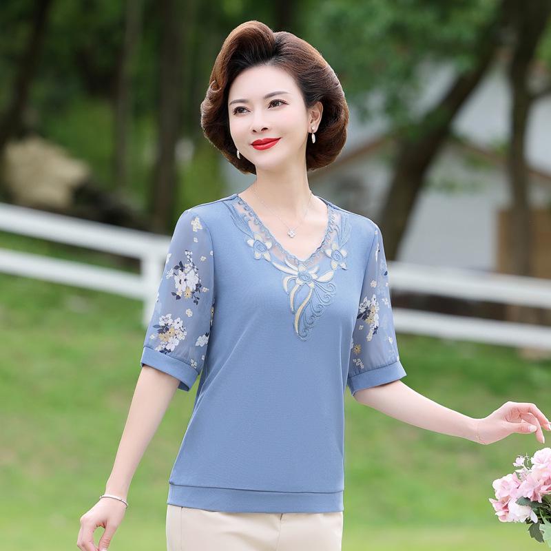 Mom's Summer Chiffon Short Sleeve Top: Stylish 2025 T-Shirt for Middle-Aged & Elderly Women