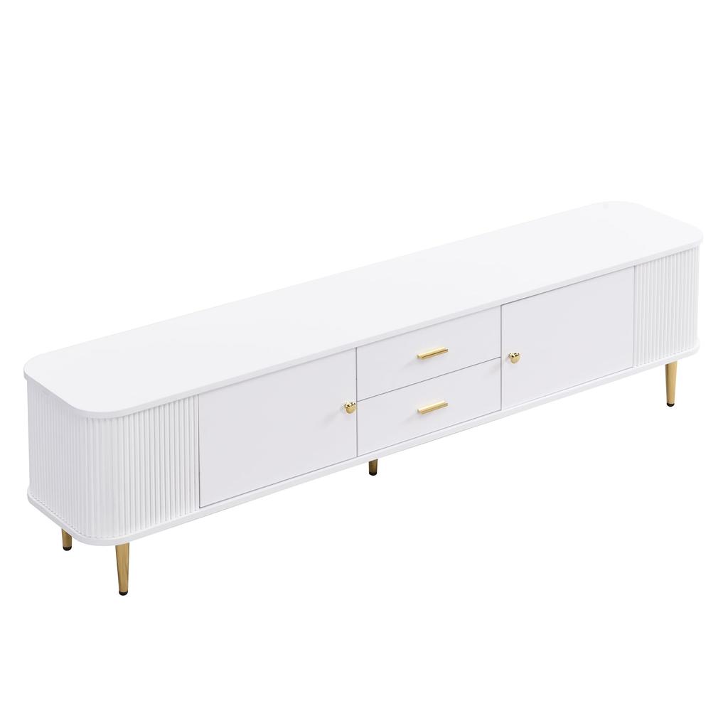Dulap TV, cu laterale ondulate și mânere aurii, 2 uși, 2 sertare, design modern, colțuri rotunjite, sigur și funcțional, pentru living