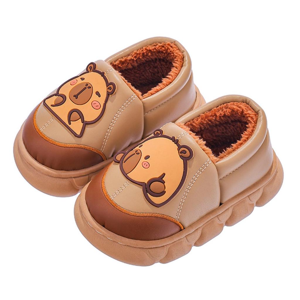 Autumn and Winter Children's Bags, Heels, Cotton Shoes, PU Leather Waterproof, Warm, and Plush Cotton Slippers for Adults and Children At Home
