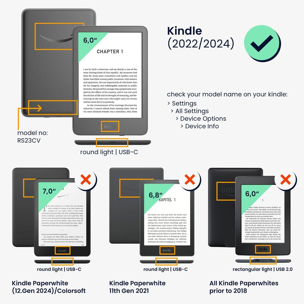 kwmobile Case for Amazon Kindle with Auto Sleep and PU Pink (2022/2024) - E-Reader Sleep, Leather, Blue/Green/Dark