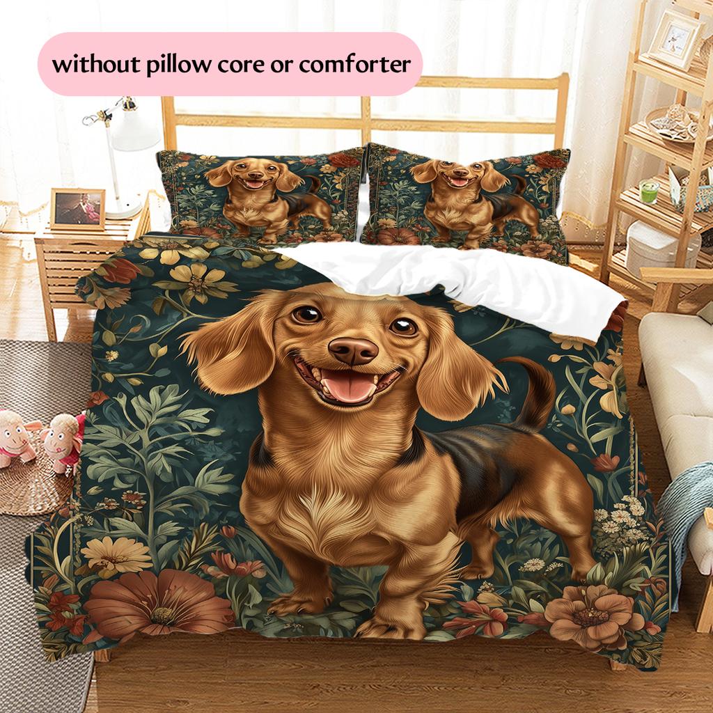 Happy Dachshund Pattern Bedding Home Decoration Birthday Gift (1 * duvet cover + 2 * pillowcase, without core)