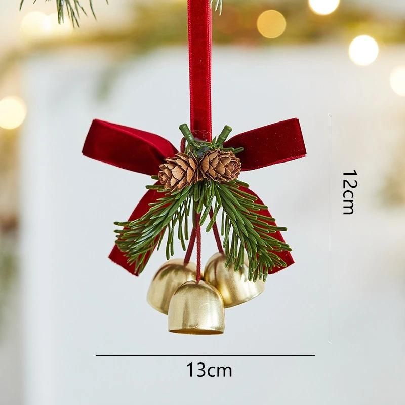 Christmas Jingle Bells Door Hanger Ornament Velvet Bow Pine Cone Bell Pendants for Christmas Decoration 2025 Christmas Gift
