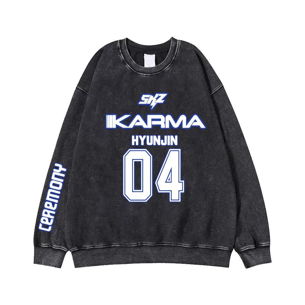 Stray Kids SKZ Karma Crewneck Sweatshirt Kpop Merch Member Name Number Print Vintage Pullover Casual Streetwear Unisex Long Sleeve Tops for Fans