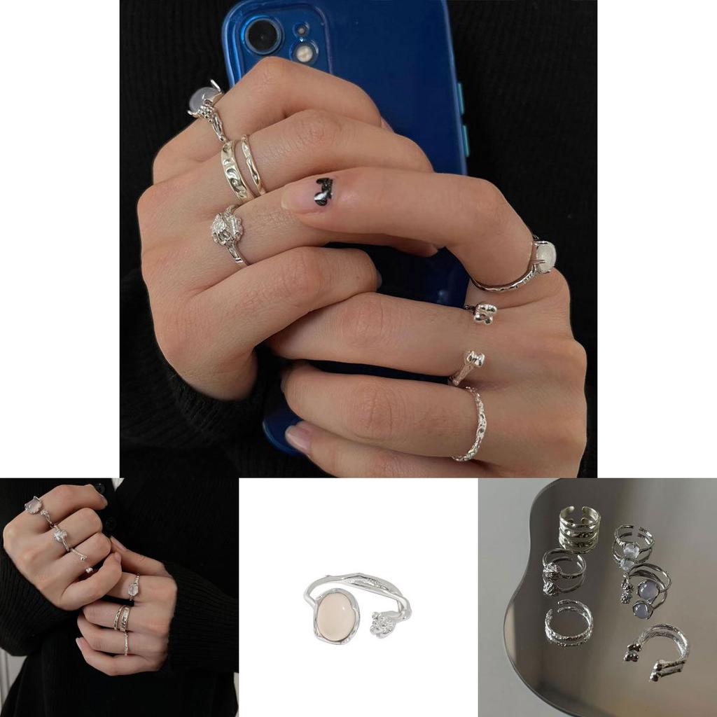 Stunning 925 Sterling Silver Korean Geometric Open Adjustable Ring With Unique Gemstone Crystals