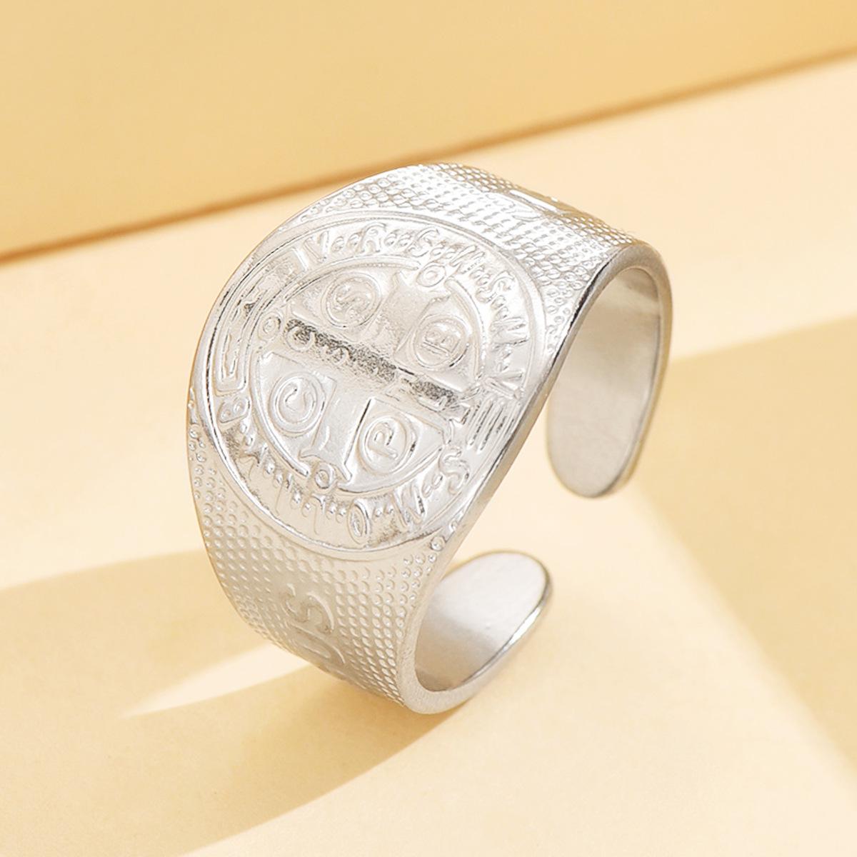Geometric Round Letter Stainless Steel Cross Finger Ring