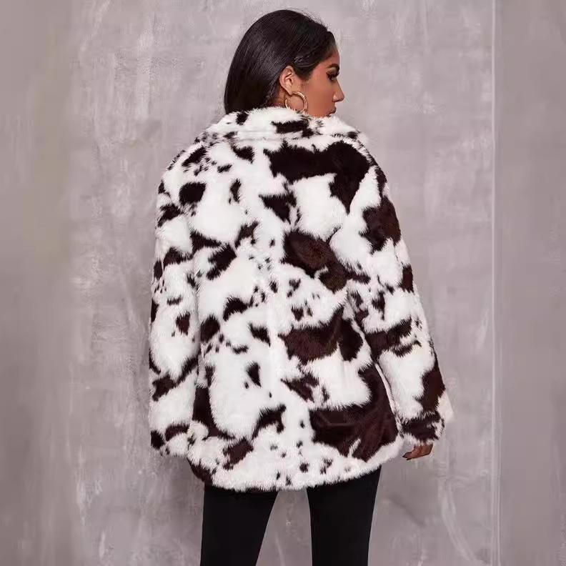 Women's Harajuku Style Black and White Cow Print Faux Rabbit Fur Coat - European and American Autumn/Winter Jacket