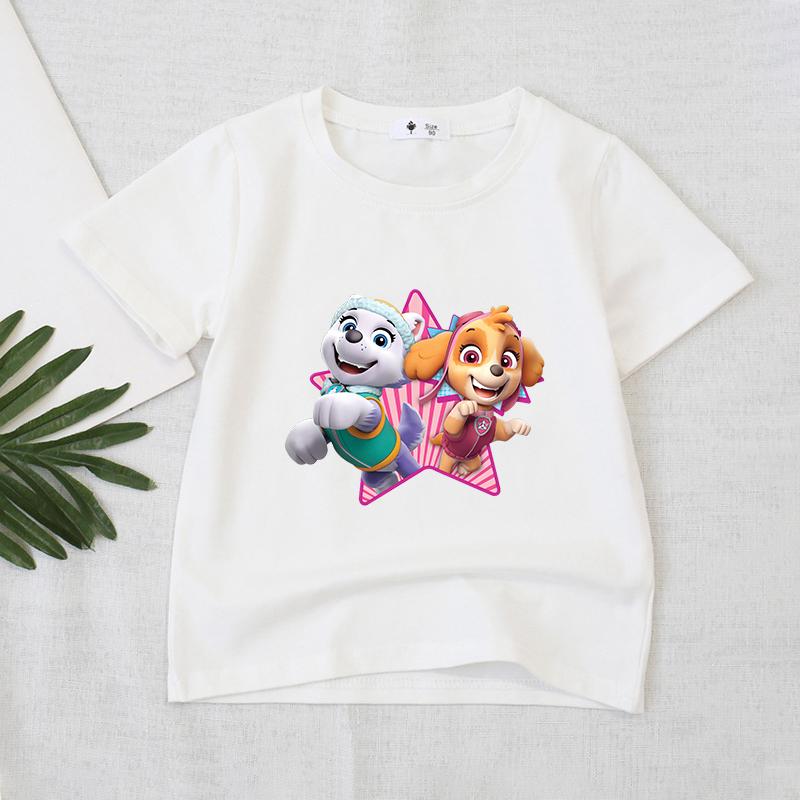 Wangwang Team Printed T-shirt, White Girls' Summer Clothing, Cartoon Children's Short Sleeved T-shirt, Cute Casual Top