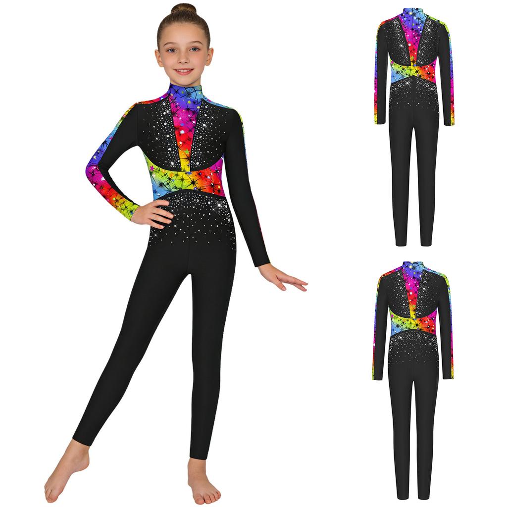 Girls Gymnastics Long Sleeve Leotard Shiny Sequins Rhinestones Back Invisible Zipper Full Body Ballet Figure Skating Performance