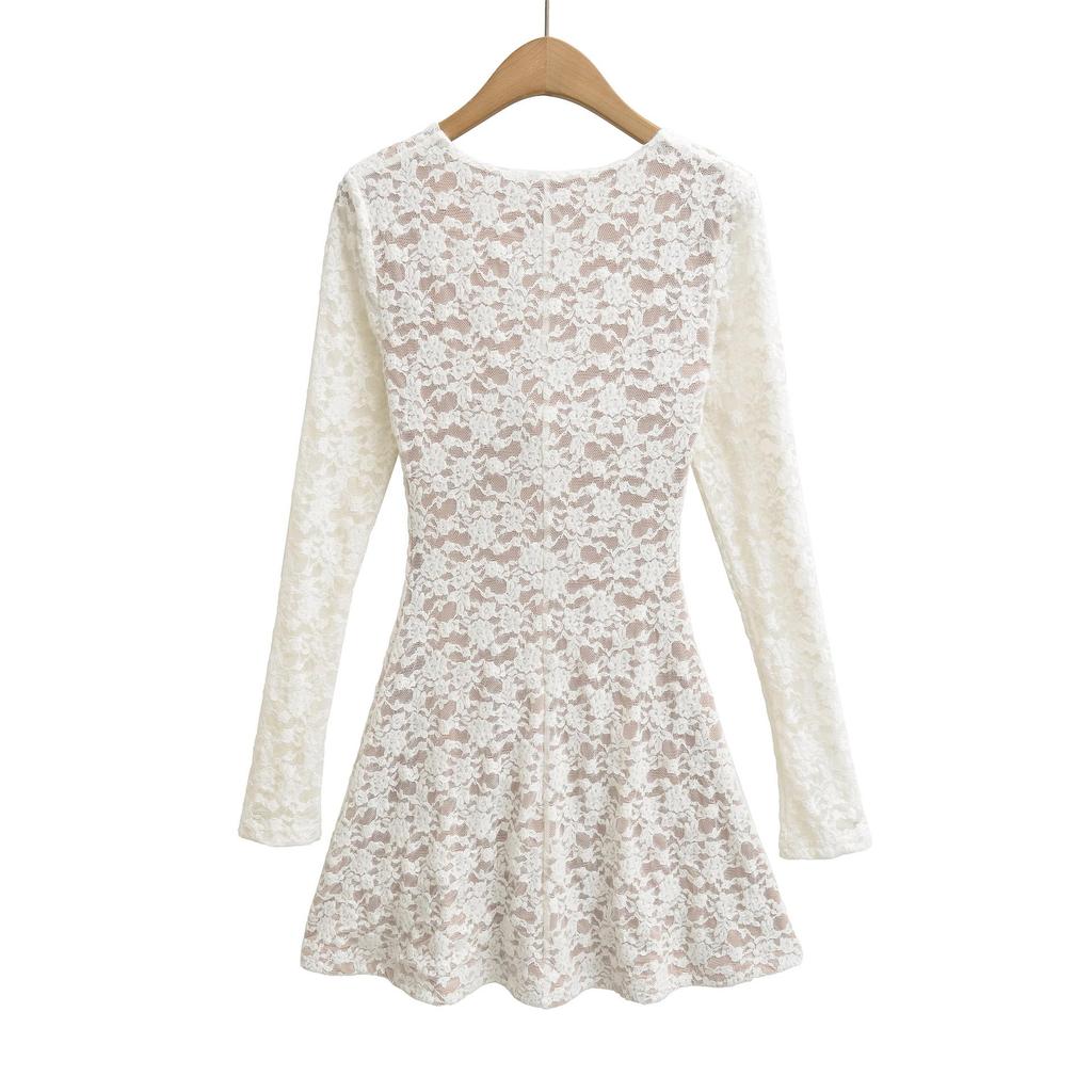 Elegantes, figurbetontes Spitzenkleid mit tiefem Ausschnitt und Brustpolstern für Damen – taillierte lange Ärmel, kurzer Rock für Herbst/Winter