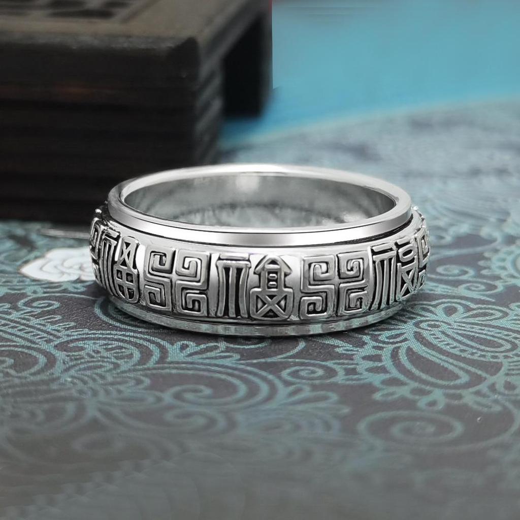 Sterling Silver Blessings Rotating Ring, Unisex Fu Character Enamel Design, Chinese Style Finger Ring, Creative Niche Design